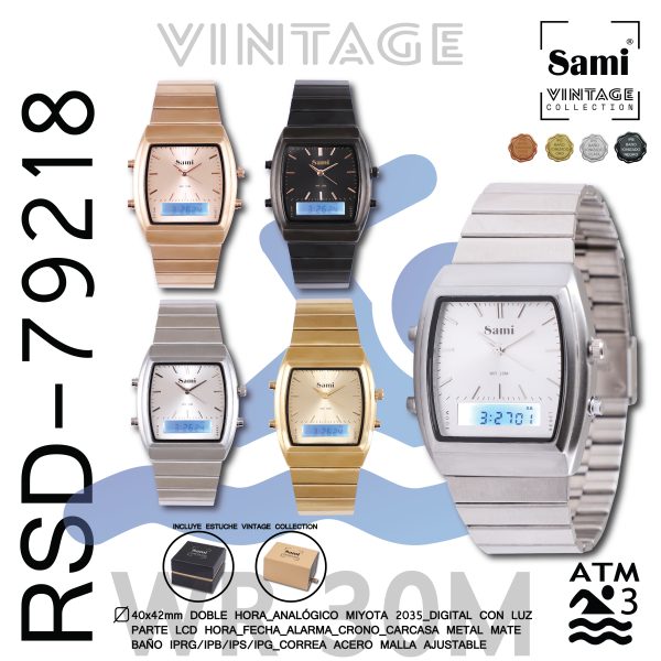 RELOJ SAMI VINTAGE DOBLE HORA METAL WR30M CORREA M. - Image 2